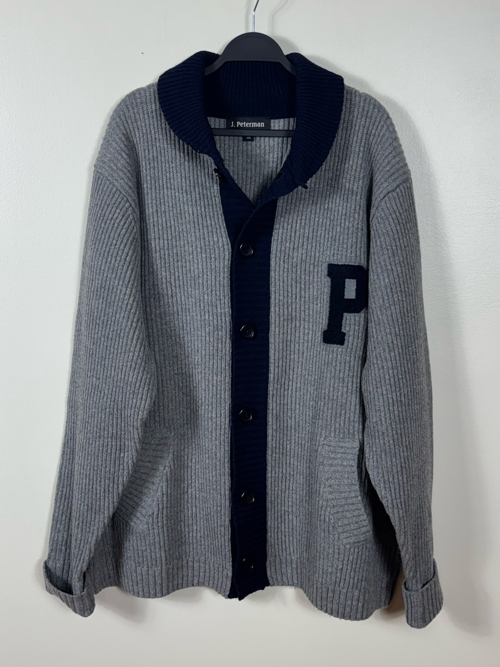 The J Peterman Co Letterman LambsWool Cardigan Sweater XXL Chunky Shawl Collar
